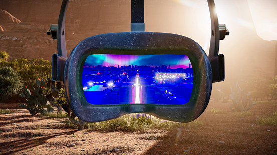 3d image of virtual reality headset showing a metaverse futuristic city in a desert area. VR glasses giving a glimpse of a city from the metaverse.