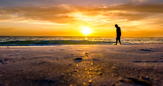 Silhouetted man on tropical beach over orange color seascape view during sunset in Sarasota, Florida