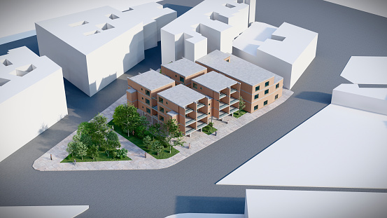 Architectural 3D model of residential buildings showing design and layout.
