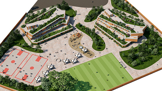 Isometric view of a school campus with natural surroundings. 3D image of the school architecture design blending with nature.