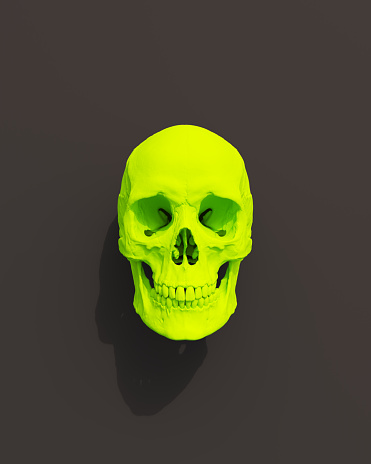 Green skull human Halloween black background creepy witchcraft horror aesthetic 3d illustration render digital rendering