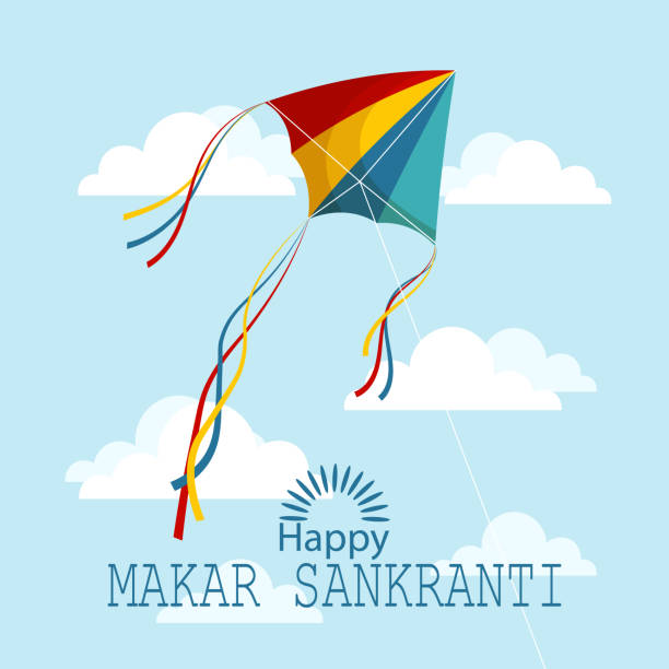 illustrations, cliparts, dessins animés et icônes de happy makar sankranti, cerf-volant coloré dans le ciel avec des nuages. carte de vœux hindoue - turbinado sugar illustrations