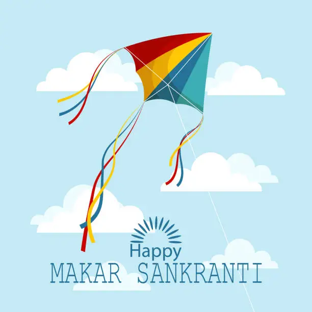 Vector illustration of Happy Makar Sankranti, colorful kite in the sky with clouds. Hindu holiday card