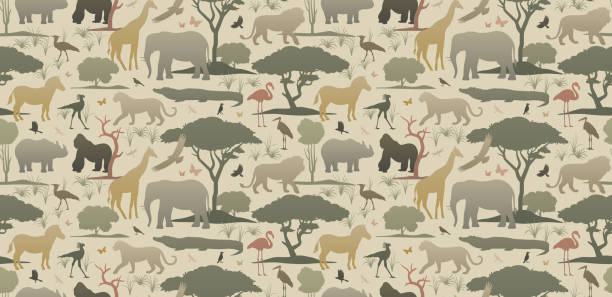 African animals silhouettes seamless pattern. African animals in the habitat seamless pattern. Vector silhouettes of wildlife. Earthy color palette gradient illustration. Wild nature wallpaper for home decoration, fabric, postcard, print, poster etc. lion feline stock illustrations