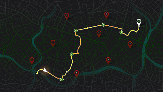 Location charging station on parking lot with fast supercharger station. Path turns and destination tag or mark. Huge city top view. Tracking path and route planning from home Black background vector. battery recharging service for electric vehicle in city