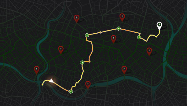 Location EV charging station location mark on gps navigation map a lot with fast supercharger station. Path turns and destination tag or mark. Huge city top view Tracking path, route. vector Location charging station on parking lot with fast supercharger station. Path turns and destination tag or mark. Huge city top view. Tracking path and route planning from home Black background vector. battery recharging service for electric vehicle in city tracker stock illustrations