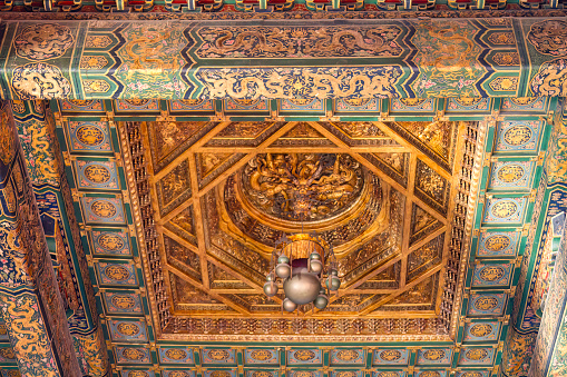 Beijing, China, October 28th 2015. Forbidden City, ceiling decoration in the one of the site’s Hall