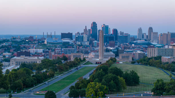 Aerial view of Kansas City and Liberty Tower Aerial view of the National World War I Memorial and Liberty Tower with downtown Kansas City in the background. liberty tower stock pictures, royalty-free photos & images