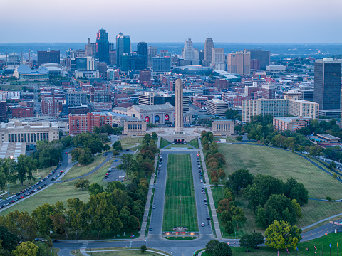 Aerial view of the National World War I Memorial and Liberty Tower with downtown Kansas City in the background.