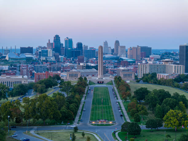 Aerial view of Kansas City and Liberty Tower Aerial view of the National World War I Memorial and Liberty Tower with downtown Kansas City in the background. liberty tower stock pictures, royalty-free photos & images