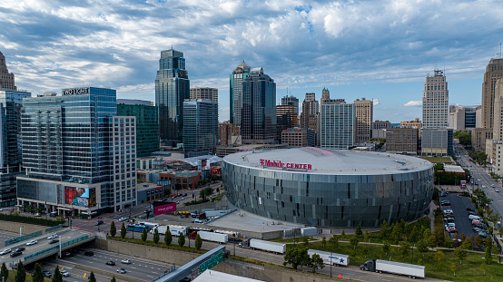 Kansas City, Missouri - September 26, 2023: Aerial view of T-Mobile Center in downtown Kansas City, a multi-purpose arena formerly known as the Sprint Center.