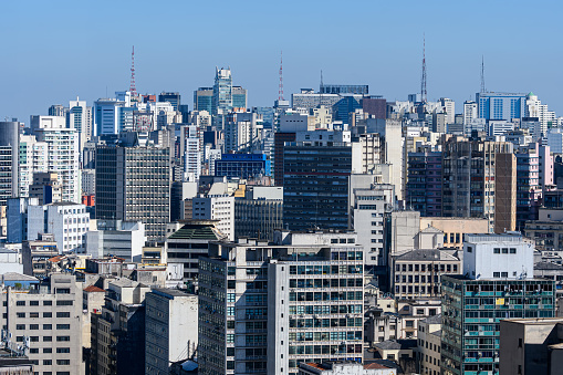 Aerial view of new and old buildings of Sao Paulo city at the historic center region. Downtown of Sao Paulo - SP, Brazil.