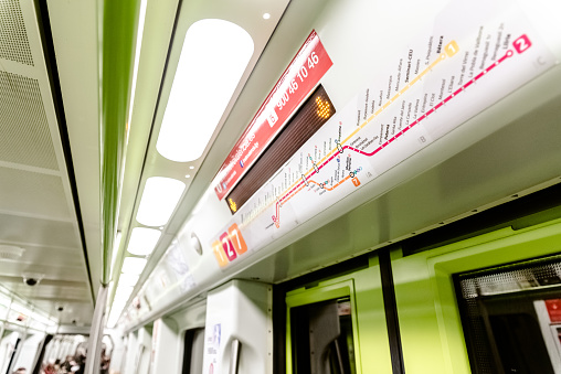 Valencia, Spain - March 13, 2019: Interior of a subway car in the city of Valencia, airport line.