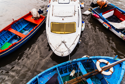 The dinghys parked in the canals in the Mekong Delta, boats carrying tourists for sightseeing, Tien Giang province