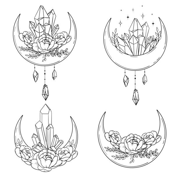 Vector line art mystical celestial magic witchcraft elements. Esoteric crescent moon, mushrooms, crystals, peone roses, stars, leaves, line art. Vector line art mystical celestial magic witchcraft elements. Esoteric crescent moon, mushrooms, crystals, peone roses, stars, leaves, line art. peone stock illustrations