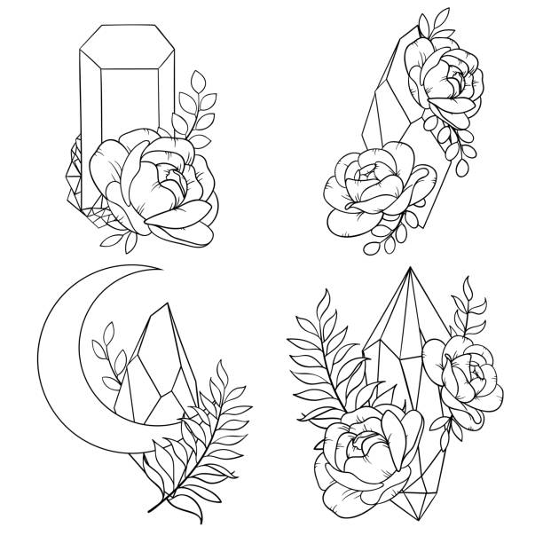 Vector line art mystical celestial magic witchcraft elements. Esoteric crescent moon,  crystals, peone roses, stars, leaves, line art. Vector line art mystical celestial magic witchcraft elements. Esoteric crescent moon,  crystals, peone roses, stars, leaves, line art. peone stock illustrations