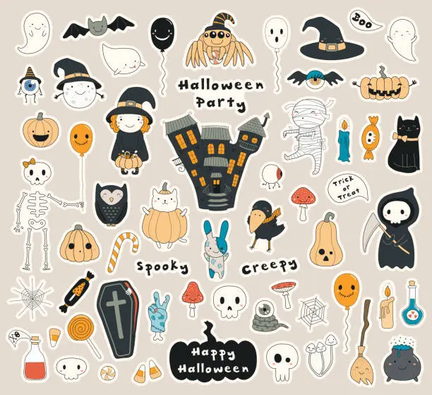 Vector illustration of Set of Kawaii Halloween stickers