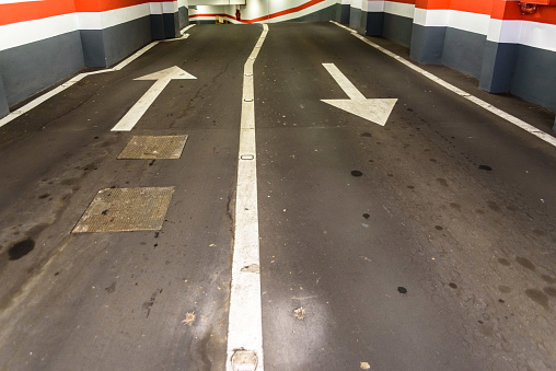 Valencia, Spain - February 24, 2019: Entrance to an empty underground parking.