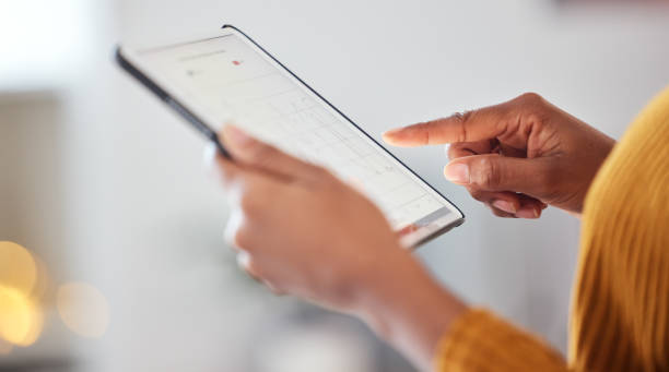 istock Tablet, hands and woman with data analysis, connection and information for digital marketing with bokeh. Technology, person and screen with internet for business, research and analytics with charts 1708249100