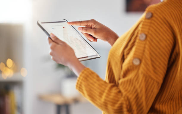 istock Woman, hands and tablet with data analysis, connection and information for digital marketing with bokeh. Technology, person and screen with internet for business, research and analytics or charts 1708249105