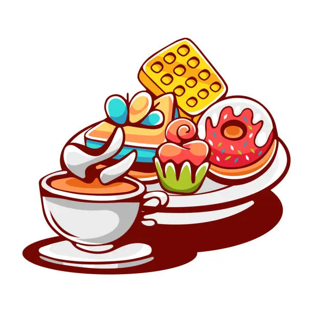 Vector illustration of Vector set of sweets and coffee in cartoon style, waffles, donut, pastry, cake.