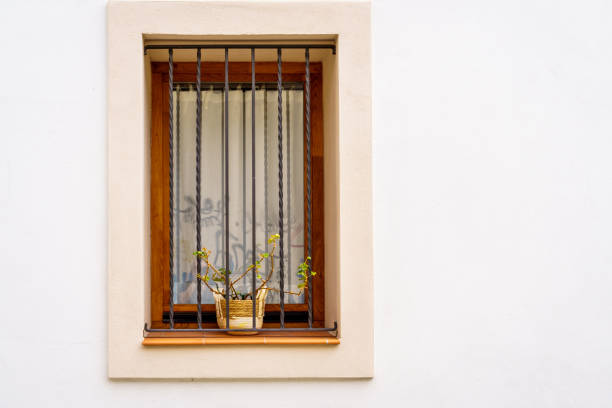 Wooden window with flower pots behind railings on a white facade