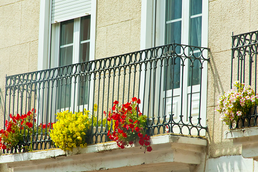 Balcony decorated with flower pots, cast iron railing,  Bierzo area, León province, Castilla y Leon, Spain.