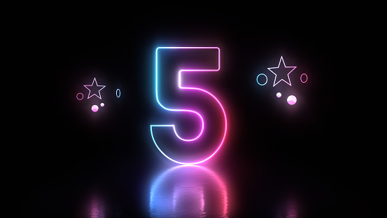 3d Render Glow in the Dark Number 5 Lettering, Blue and Pink Neon Light Concepts