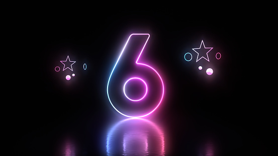 3d Render Glow in the Dark Number 6 Lettering, Blue and Pink Neon Light Concepts