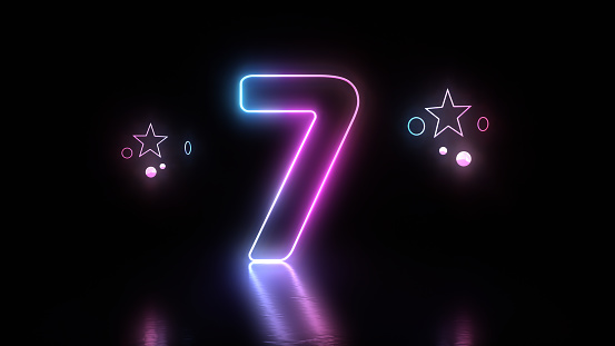 3d Render Glow in the Dark Number 7 Lettering, Blue and Pink Neon Light Concepts