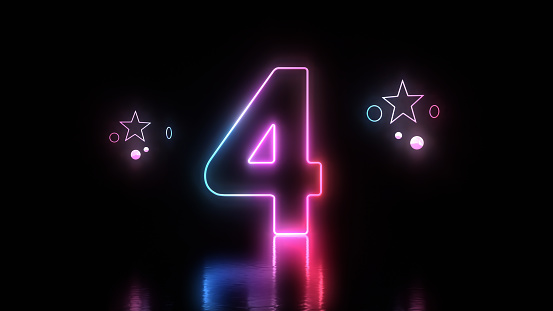 3d Render Glow in the Dark Number 4 Lettering, Blue and Pink Neon Light Concepts