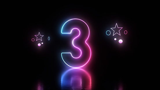 3d Render Glow in the Dark Number 3 Lettering, Blue and Pink Neon Light Concepts