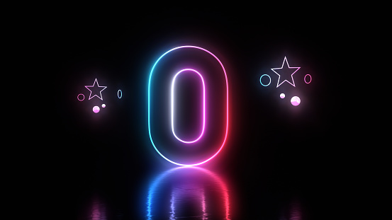 3d Render Glow in the Dark Number Zero Lettering, Blue and Pink Neon Light Concepts
