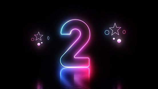 3d Render Glow in the Dark Number 2 Lettering, Blue and Pink Neon Light Concepts
