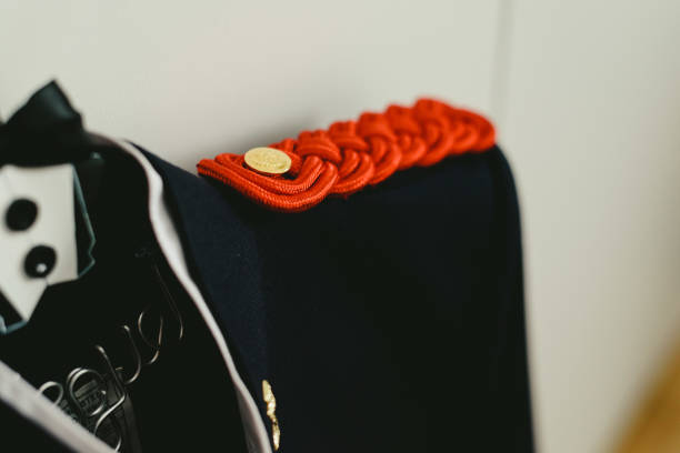 Military dress suit jacket hanging on a hanger