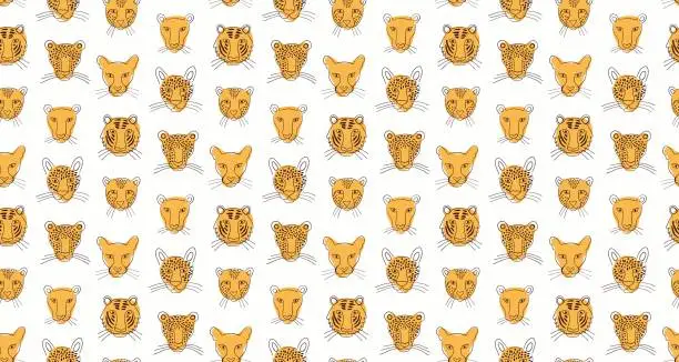 Vector illustration of Big cats faces hand drawn animals seamless pattern
