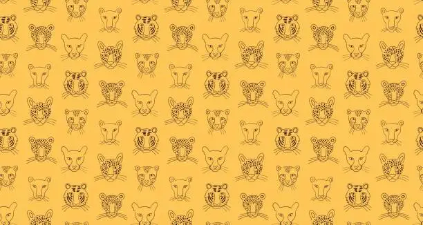 Vector illustration of Big cats faces hand drawn animals seamless pattern