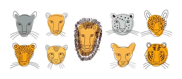 Vector illustration of Big cats faces isolated set, abstract shapes.