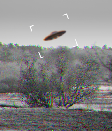 UFO, alien and camcorder on a camera screen to record a flying saucer in the sky over area 51. Viewfinder, motion blur and conspiracy with a spaceship on a recording device display outdoor in nature