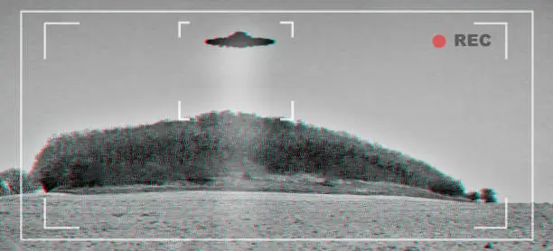 UFO, alien and viewfinder on a camera screen to record a flying saucer in the sky over area 51. Camcorder, sighting and conspiracy with a spaceship on a recording device display outdoor in nature