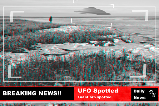 UFO, spaceship and alien in nature or earth with breaking news or broadcast background and television recording. Spacecraft, sky and research or surveillance with warning sign, scifi and tv broadcast