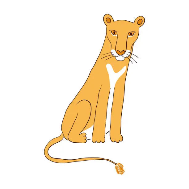 Vector illustration of Cute sitting lioness hand drawn illustration.