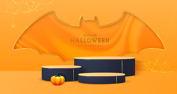 Halloween showcase background with 3d podiums, halloween pumpkin and bat cut out silhouette. Halloween spooky background. Vector illustration