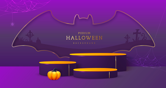 Halloween showcase background with 3d podiums, halloween pumpkin and bat cut out silhouette. Halloween spooky background. Vector illustration