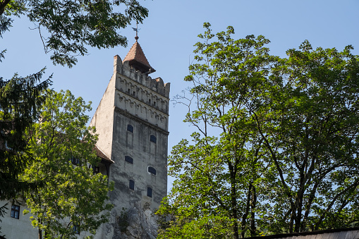 Transylvania, Romania - September 08, 2023: View of one of the towers of Bran Castle