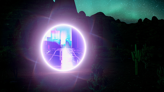 Mystical gateway in the desert offering a glimpse into a high-tech future. 3d render of a mysterious portal shooting world on the other side.