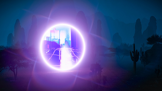 3d image showing a magical portal in a desert landscape, opening a path to a futuristic world during night.