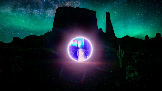 Portal in desert during night, revealing a futuristic realm beyond. Portal to the metaverse 3d renders.