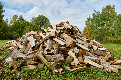 A large pile of firewood on the meadow. Trees has been cut and split into firewood to be used as fuel for heating in fireplaces and furnaces. Wooden shed for storing firewood indoors. Firewood pile. Selective focus