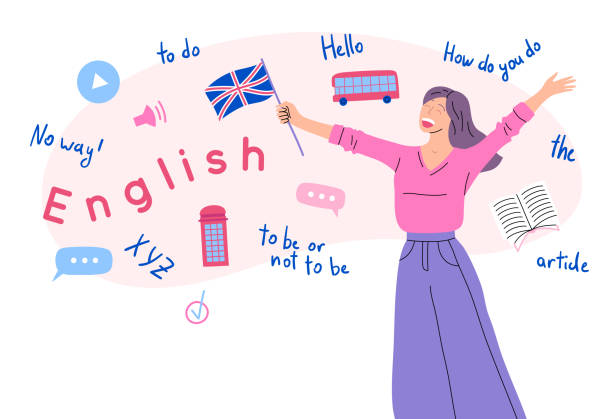 ilustrações, clipart, desenhos animados e ícones de cartoon color character woman e língua inglesa conceito de serviço online. vetor - english flag illustrations